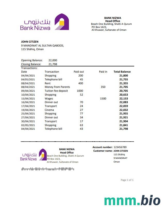 Szablon wyciągu bankowego Oman Bank Nizwa w programie Word i PDF